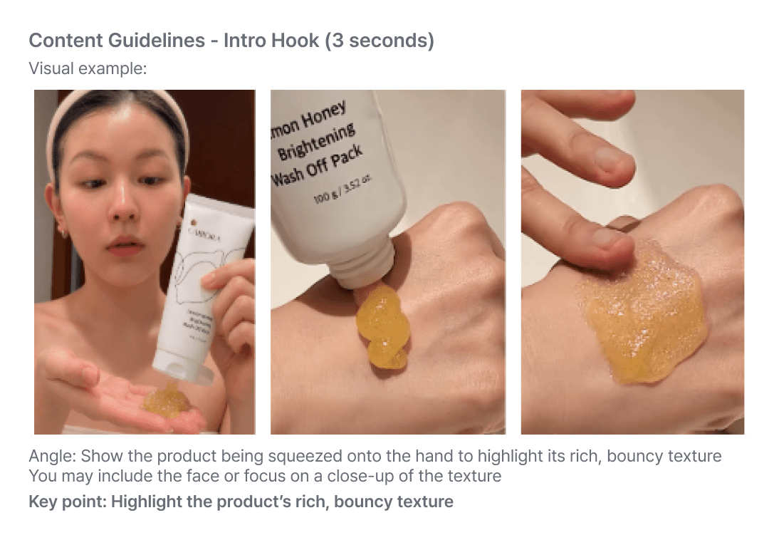 Sample content guideline specifying product shots second by second